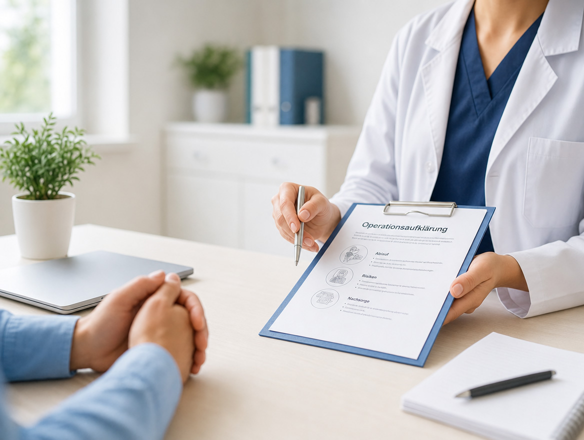 Ärztin bespricht die Operationsaufklärung mit einer Patientin